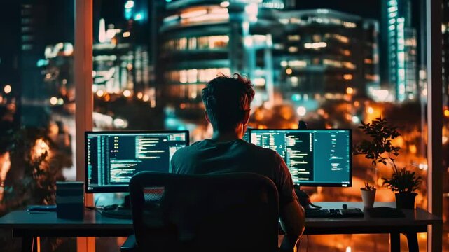 Programmer Coding at Night with Dual Monitors