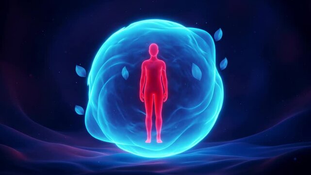 Human Body Inside Glowing Energy Field with Abstract Blue Aura