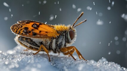Fototapeta premium Close-up of a colorful butterfly on a frosty surface with water droplets creating a bokeh effect in background.