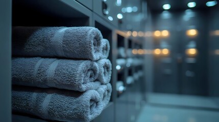 A close-up shot of neatly rolled gray towels stacked inside a modern spa's storage unit.