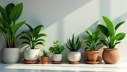 Fototapeta premium Assortment of potted plants, contrasting textures, minimalist setting, botanical, composition, office