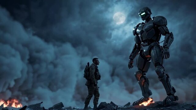 Soldier Confronts Giant Combat Robot Under Moonlit Sky warfare