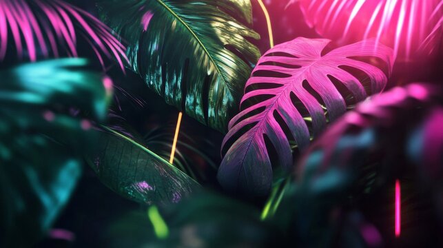 Lush Tropical Leaves in Neon Pink and Green Light