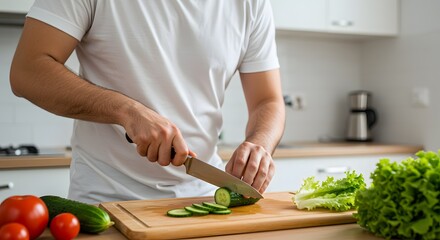 Man in white shirt slicing cucumber on wooden board in kitchen with tomatoes and lettuce present
