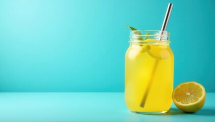 Fototapeta premium Refreshing lemonade in mason jar with metal straw Blue background , fresh, environmentally friendly, detox water