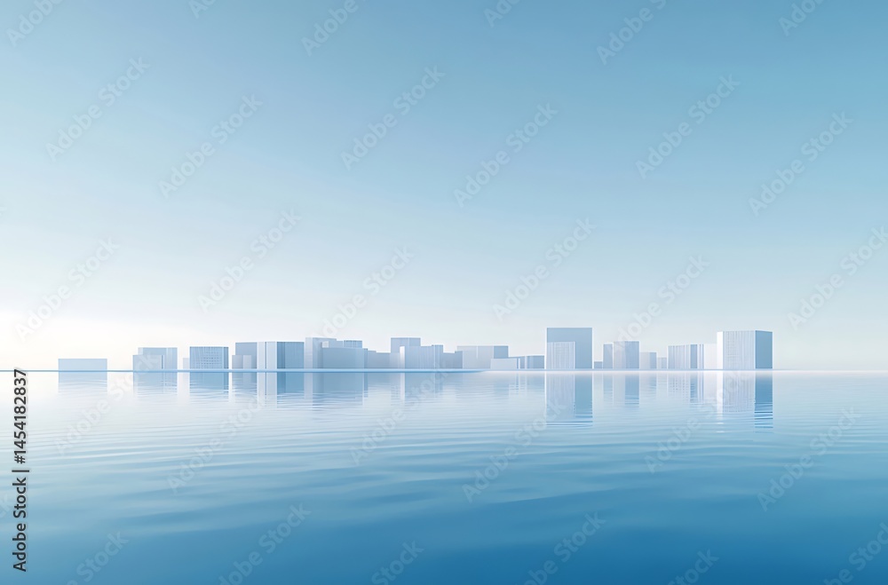 Aufkleber 水面に映る白い都市の抽象的な風景 青い空と光の美しい調和