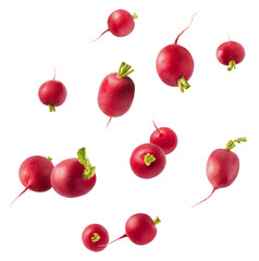 Fresh raw Red Radish with green leaves falling in the air isolated on white backgriund. Food...
