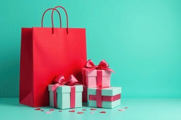 Three elegant gift boxes with silk bows, eustomas and heart confetti, next to a large red shopping bag on turquoise backdrop , celebration, boxes, white