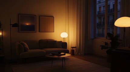 Warm, inviting living room illuminated by soft, ambient light.