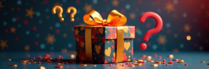 Festive gold ribbon box, surprise revealed! Exclamation & question marks pop out , mystery, illustration