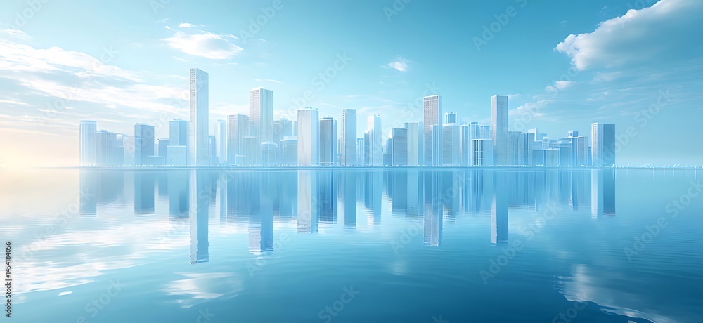 Poster 水面に映る未来都市の美しい光景 青空の下のモダンな高層ビル群 鮮やかな色彩と洗練されたデザイン