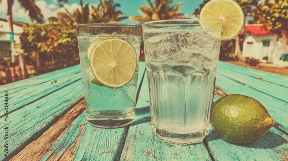 Poster refreshing summer drinks with ice and lime on a rustic turquoise wooden table