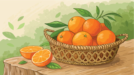 Oranges in wicker basket with orange slice in natural background, Orange vector design, Orange in basket