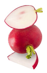 Fresh raw Red Radish with green leaves falling in the air isolated on white backgriund. Food...