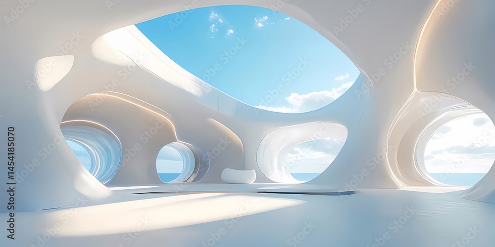 Aufkleber 白い未来的な建築デザイン内部空間 青い空と海が見える開放的な窓のある現代的な抽象構造