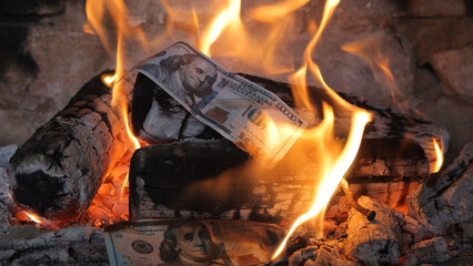 Symbolic image of burning US dollar bills amidst fiery logs in a fireplace, representing financial...