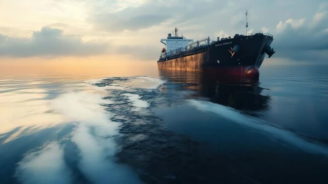 Large cargo ship is sailing on the sea, a large oil slick is under it. An environmental disaster. Oil pollution