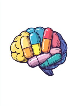 Colorful pills held in a human head, symbolizing medication and health. Modern art style conceptual illustration.