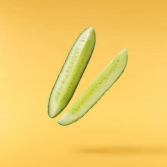 Fresh raw cucumber  falling in the air isolated on yellow background. Food levitation or zero...