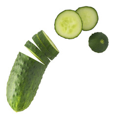 Fresh raw cucumber  falling in the air isolated on white background. Food levitation or zero...