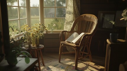 Fototapeta premium Rustic corner reading nook bathed in golden sunlight.