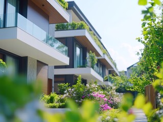 Brownstone residential building with modern architecture and lush greenery, featuring balconies and glass railing.