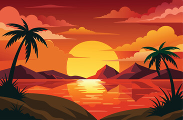 Scenic Sunset with Palm Tree Shadows