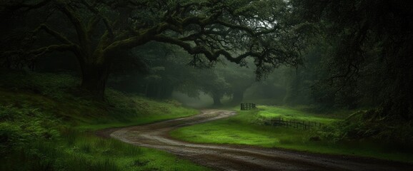 Forest road in foggy conditions with lush green grass and large trees. Serene scenery