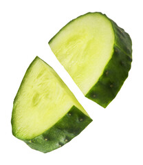 Fresh raw cucumber  falling in the air isolated on white background. Food levitation or zero...
