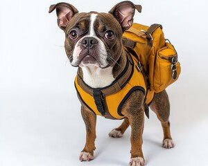 Dog with backpack. White backdrop. Dark brown and yellow pet carrier