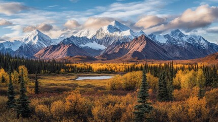 A panoramic view of a mountainous landscape with fall foliage, featuring the Alaskan tundra and autumn colors.