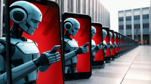 Series of smartphones on the street recursively displaying a humanoid AI robot figure taping fake news on a phone