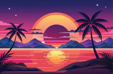 Naklejka premium Colorful Sunset with Palm Tree Silhouettes