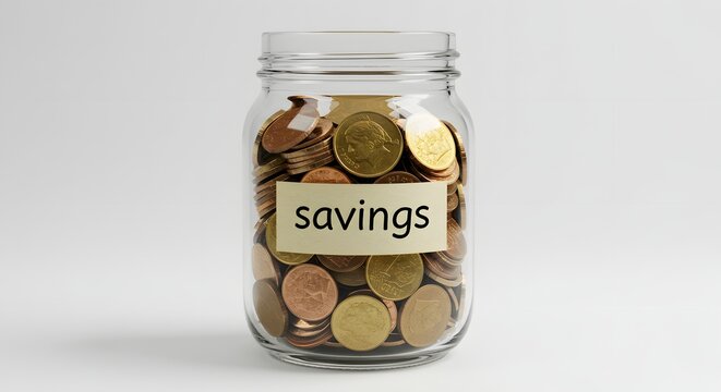 A glass jar filled with coins and a label that says savings on a white background in a studio shot