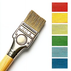 Close up view of a paintbrush with gold paint on its bristles, set against a white background. A color swatch of various hues is shown alongside.