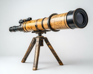 Antique telescope on tripod.  Detailed view of a vintage, ornate telescope with a wooden body and tripod stand.  A scientific instrument from a bygone era
