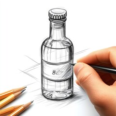 Hand-drawn sketch of a bottle.  Detailed illustration of a glass bottle being drawn on paper