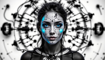 Futuristic woman with blue eyes and digital face markings in cybernetic setting