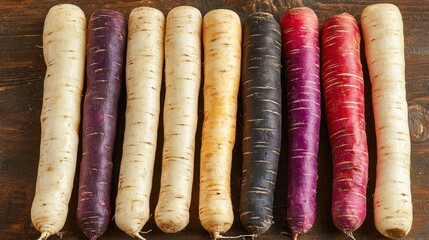 A row of colorful carrots in various shades lined up on a rustic wooden surface.