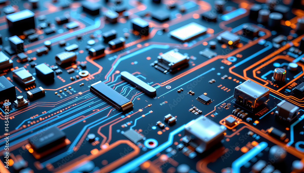 Aufkleber close up of electronic circuit board with glowing pathways and components