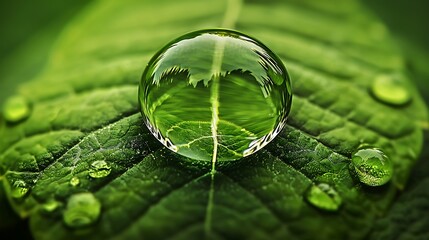 Macro shot of a leaf with a large water droplet reflecting foliage