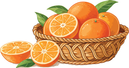 Orange vector design, Oranges in basket, Orange in basket with orange slice in white background