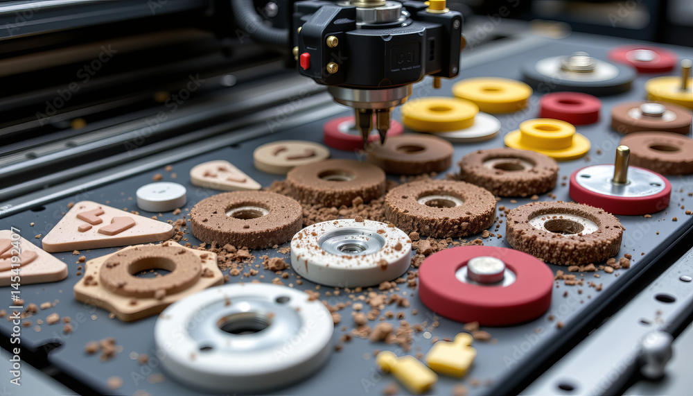 Aufkleber close up of 3d printer creating textured circular parts with integrated details in workshop