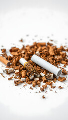 Broken cigarette with scattered tobacco for smoking cessation concept isolated with white highlights, png. White tone