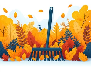 Rake amidst fall foliage, orange, yellow, red, and blue leaves abound. Cleanliness