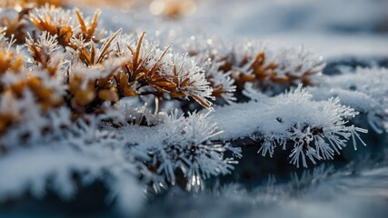 Frozen orange plant close up covered with sparkling hoarfrost crystals on cool blue blurred background in winter sunshine