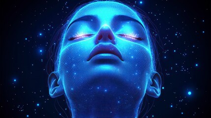 Digital woman in blue glow with closed eyes, serene