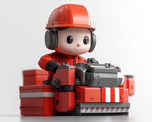 Fototapeta premium A cute, stylized worker in red, operating a compact red machine
