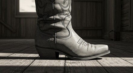 Close Up of Cowboy Boot on Wooden Floor with Light Beam