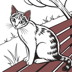 Obraz premium A stray-cat-sitting-on-a-red-bench-in-a-park 